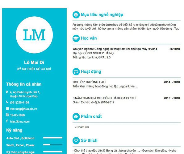 Mẫu CV KỸ SƯ THIẾT KẾ CƠ KHÍ