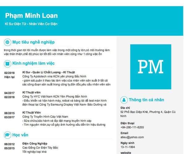 Gợi ý cách viết Mẫu CV tham khảo Kĩ Sư Điện Tử - Nhân Viên Cơ Điện