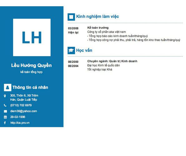 Mẫu CV kế toán tổng hợp