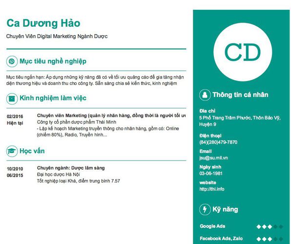 Mẫu CV Chuyên Viên Digital Marketing Ngành Dược
