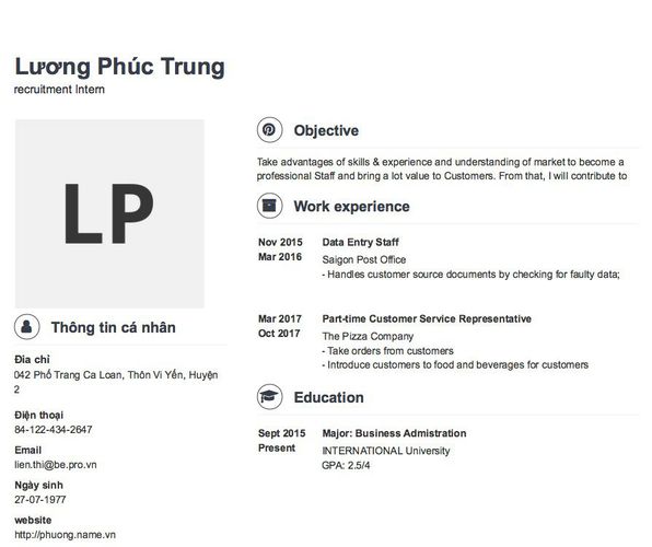 Mẫu CV recruitment Intern