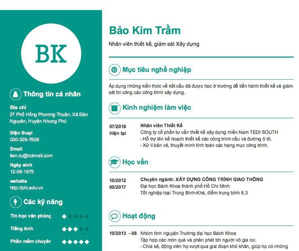 Mẫu CV Nhân viên thiết kế, giám sát Xây dựng