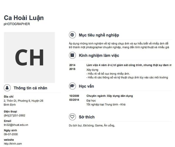 Mẫu CV pHOTOGRAPHER