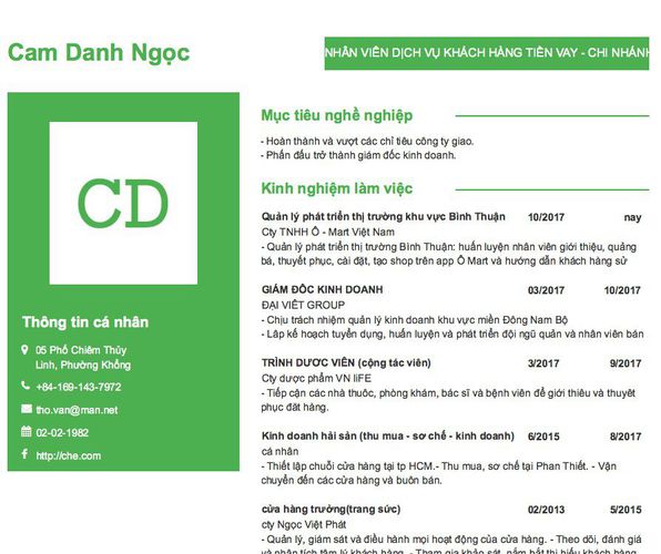 Gợi ý cách viết Mẫu CV tham khảo NHÂN VIÊN DỊCH VỤ KHÁCH HÀNG TIỀN VAY - CHI NHÁNH BÌNH THUẬN.