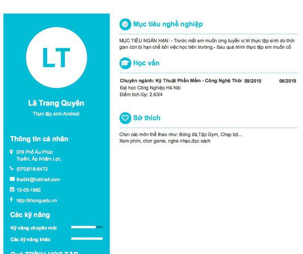Mẫu CV Thực tập sinh Android