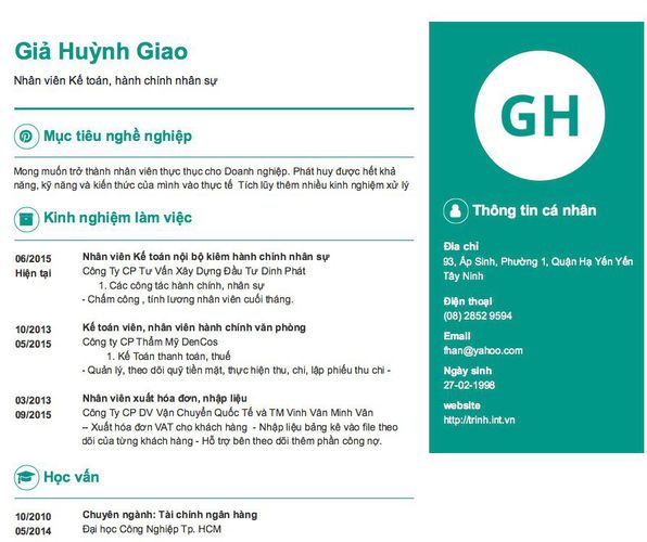 Mẫu CV Nhân viên Kế toán, hành chính nhân sự