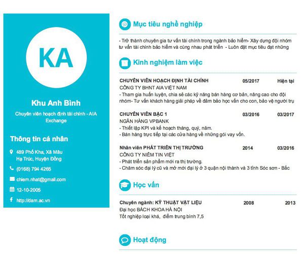 Gợi ý cách viết Mẫu CV tham khảo Chuyên viên hoạch định tài chính - AIA Exchange
