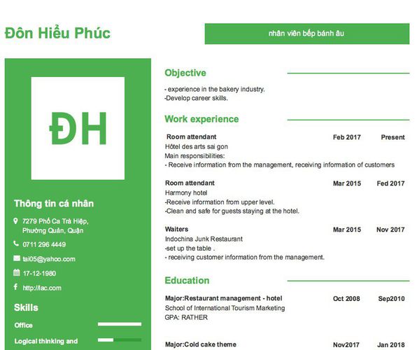 Mẫu CV nhân viên bếp bánh âu