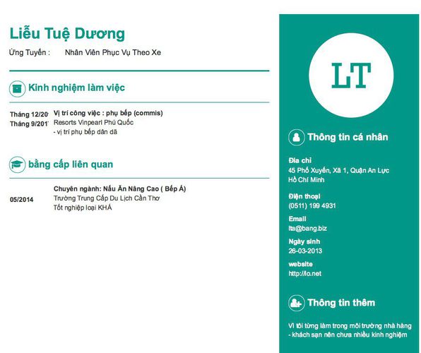 Mẫu CV Ứng Tuyển :       Nhân Viên Phục Vụ Theo Xe
