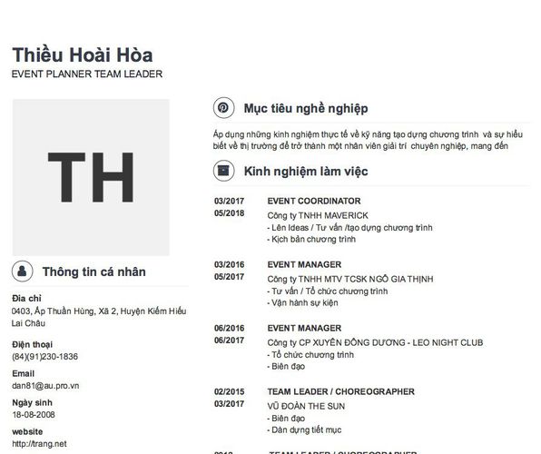 Mẫu CV EVENT PLANNER TEAM LEADER