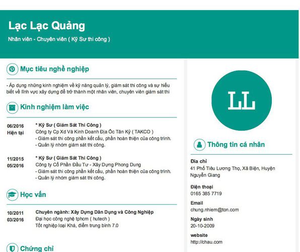 Mẫu CV Nhân viên - Chuyên viên ( Kỹ Sư thi công )