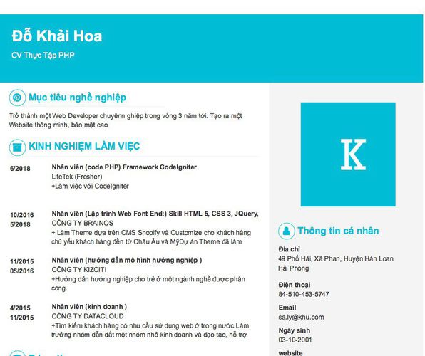 Mẫu CV CV Thực Tập PHP