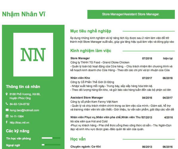 Mẫu CV Store Manager/Assistant Store Manager.