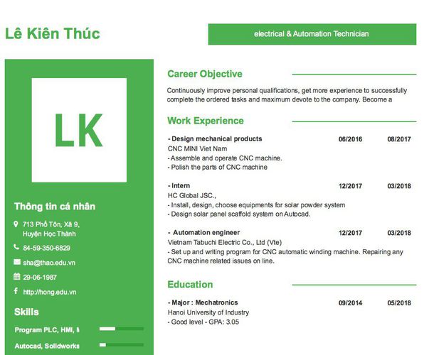 Mẫu CV electrical & Automation Technician