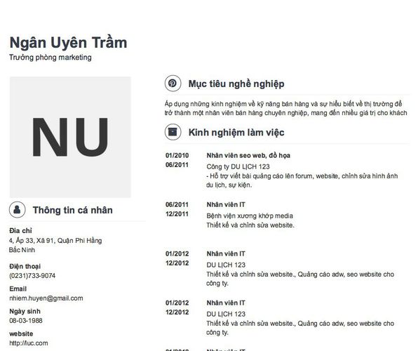 Mẫu CV Trưởng phòng marketing