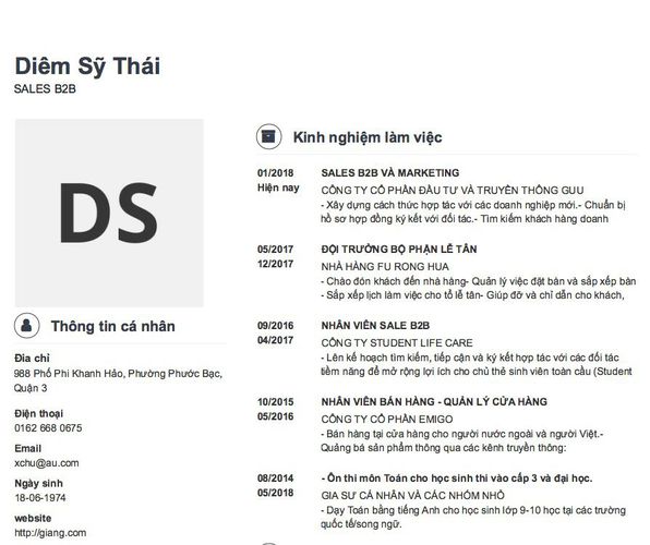 Mẫu CV SALES B2B