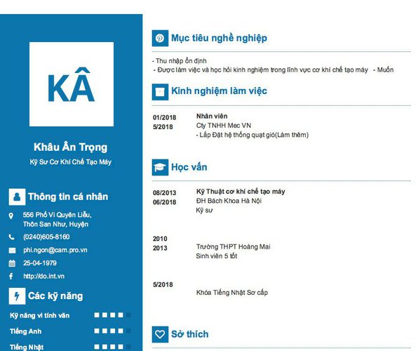 Mẫu CV Kỹ Sư Cơ Khí Chế Tạo Máy