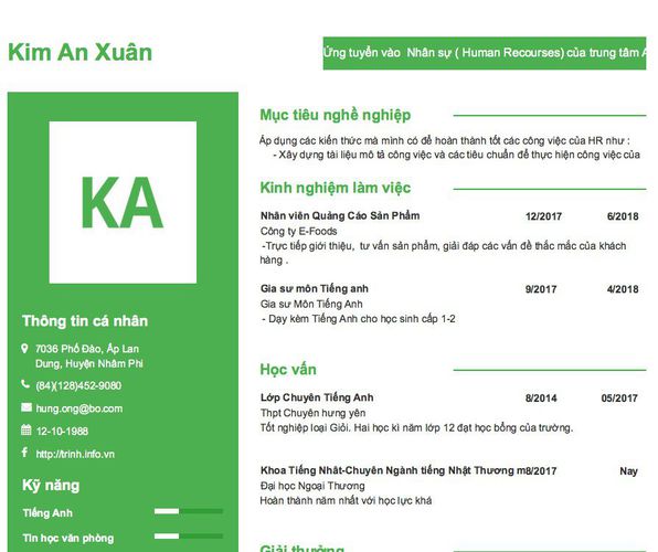 Gợi ý cách viết Mẫu CV tham khảo Ứng tuyển vào  Nhân sự ( Human Recourses) của trung tâm Anh Ngữ Wow English