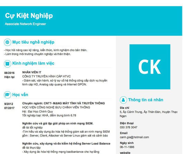 Mẫu CV Associate Network Engineer