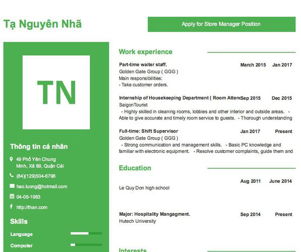 Mẫu CV Apply for Store Manager Position