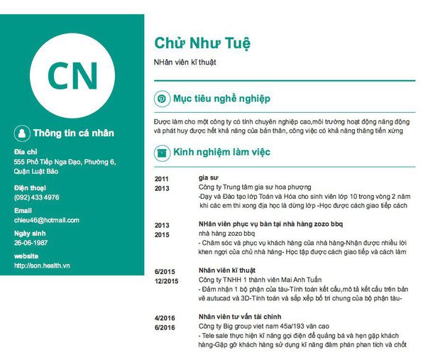 Mẫu CV NHân viên kĩ thuật