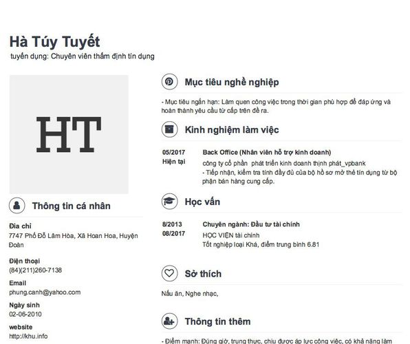 Mẫu CV tuyển dụng: Chuyên viên thẩm định tín dụng