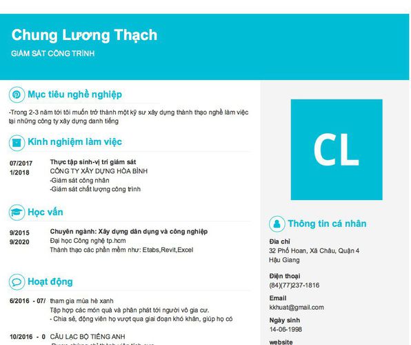 Mẫu CV GIÁM SÁT CÔNG TRÌNH