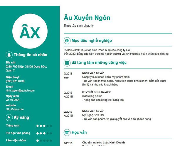 Mẫu CV Thực tập sinh pháp lý