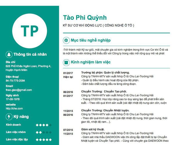 Gợi ý cách viết Mẫu CV tham khảo KỸ SƯ CƠ KHÍ ĐỘNG LỰC ( CÔNG NGHỆ Ô TÔ )