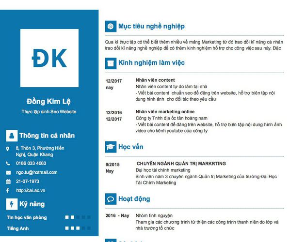 Mẫu CV Thực tập sinh Seo Website