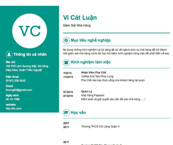Gợi ý cách viết Mẫu CV tham khảo Giám Sát Nhà Hàng