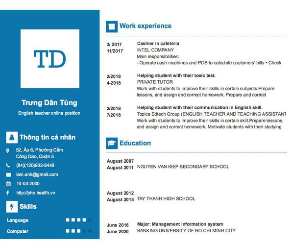 Mẫu CV English teacher online position