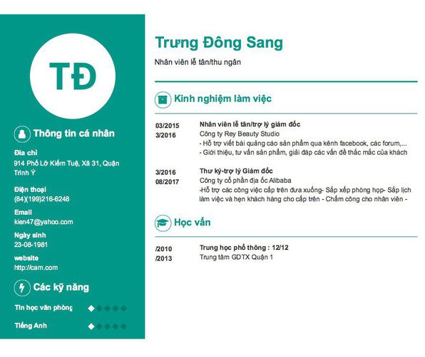 Mẫu CV Nhân viên lễ tân/thu ngân