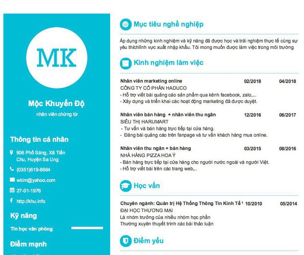 Mẫu CV nhân viên chứng từ