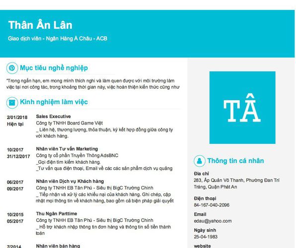 Mẫu CV Giao dịch viên - Ngân Hàng Á Châu - ACB