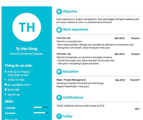 Mẫu CV Economic Construction Engineer