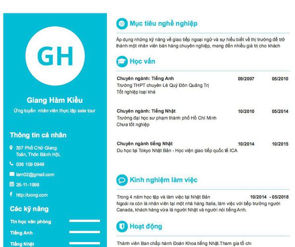 Gợi ý cách viết Mẫu CV tham khảo Ứng tuyển  nhân viên thực tập sale tour