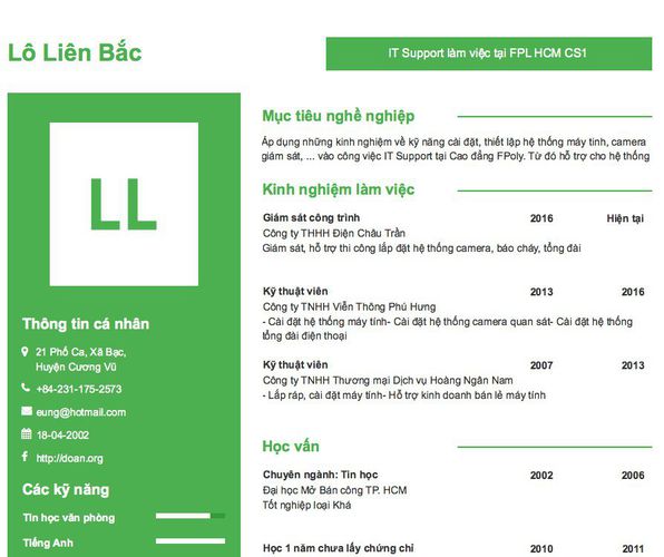 Mẫu CV IT Support làm việc tại FPL HCM CS1