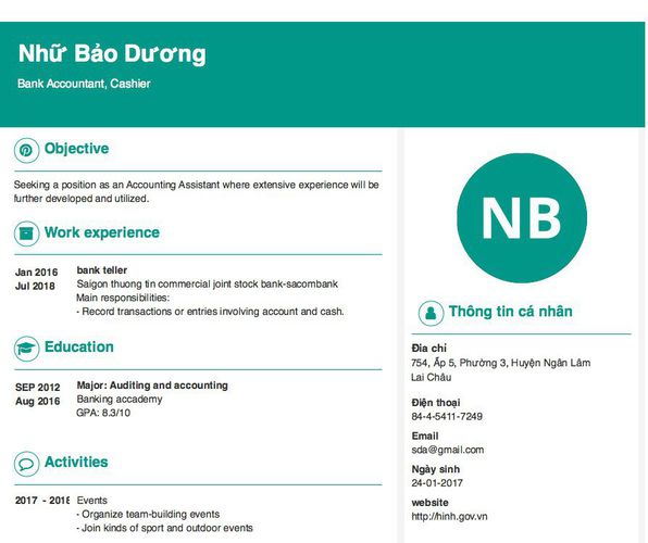 Mẫu CV Bank Accountant, Cashier