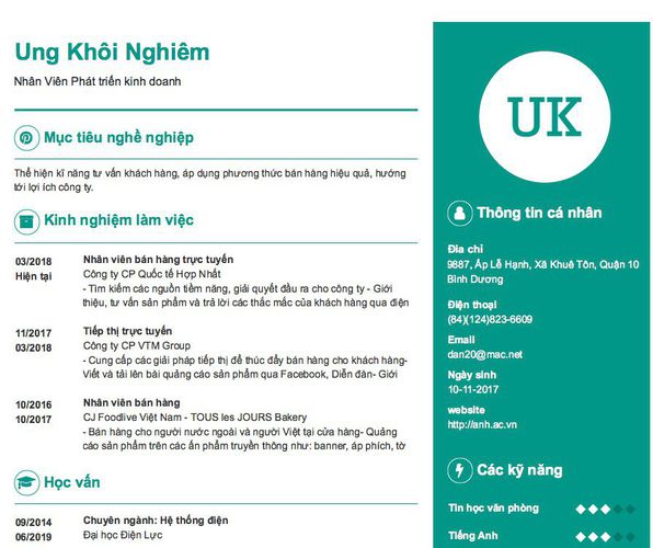 Mẫu CV Nhân Viên Phát triển kinh doanh