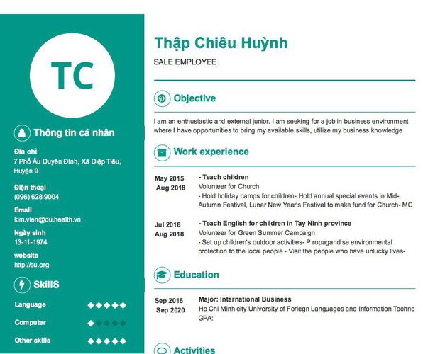 Mẫu CV SALE EMPLOYEE