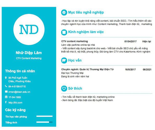 Mẫu CV CTV Content Marketing