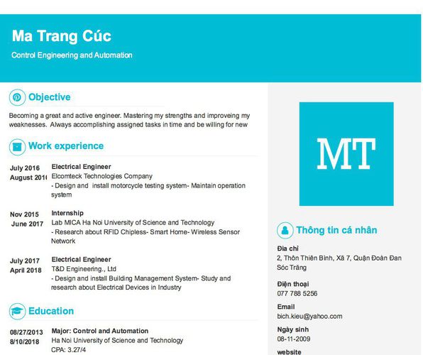Mẫu CV Control Engineering and Automation