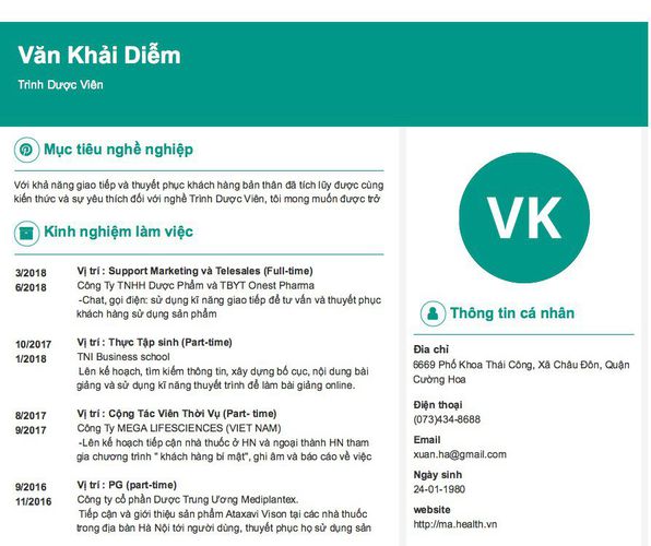 Mẫu CV Trình Dược Viên