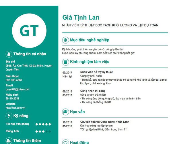 Gợi ý cách viết Mẫu CV tham khảo NHÂN VIÊN KỸ THUẬT BOC TÁCH KHỐI LƯỢNG VÀ LẬP DỰ TOÁN