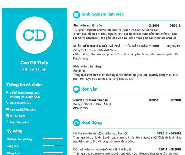 Mẫu CV Nhân viên kỹ thuật