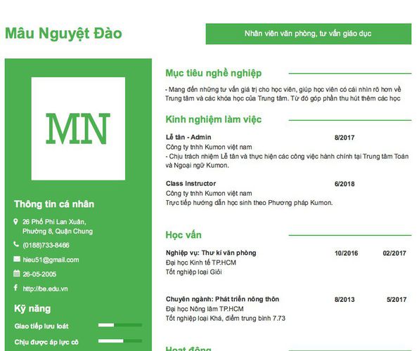 Mẫu CV Nhân viên văn phòng, tư vấn giáo dục