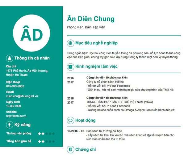 Mẫu CV Phóng viên, Biên Tập viên