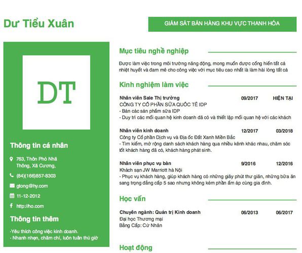 Gợi ý cách viết Mẫu CV tham khảo GIÁM SÁT BÁN HÀNG KHU VỰC THANH HÓA