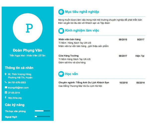 Mẫu CV Trần Ngọc Mai - Nhân Viên Lễ Tân